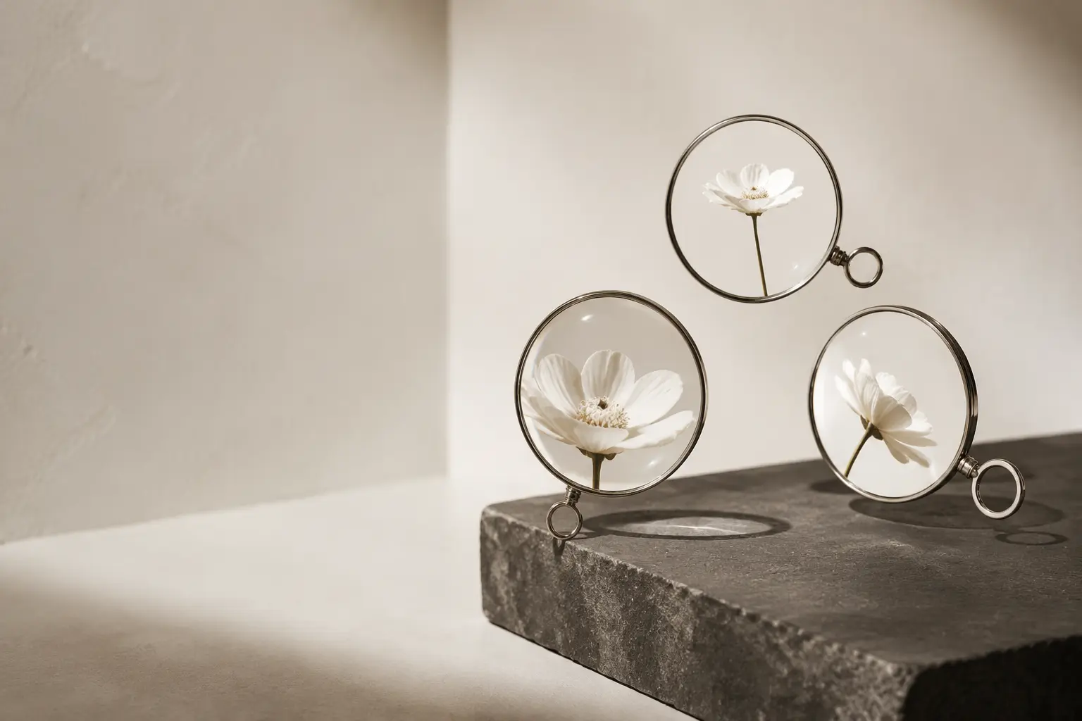 Three contemporary silver-rimmed monocles refracting white flowers against an ivory studio backdrop