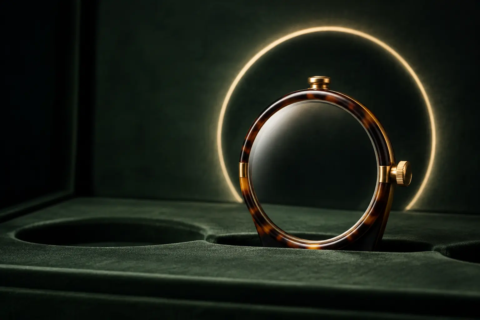 Tortoiseshell-rimmed monocle displayed in forest-green velvet with a circular halo